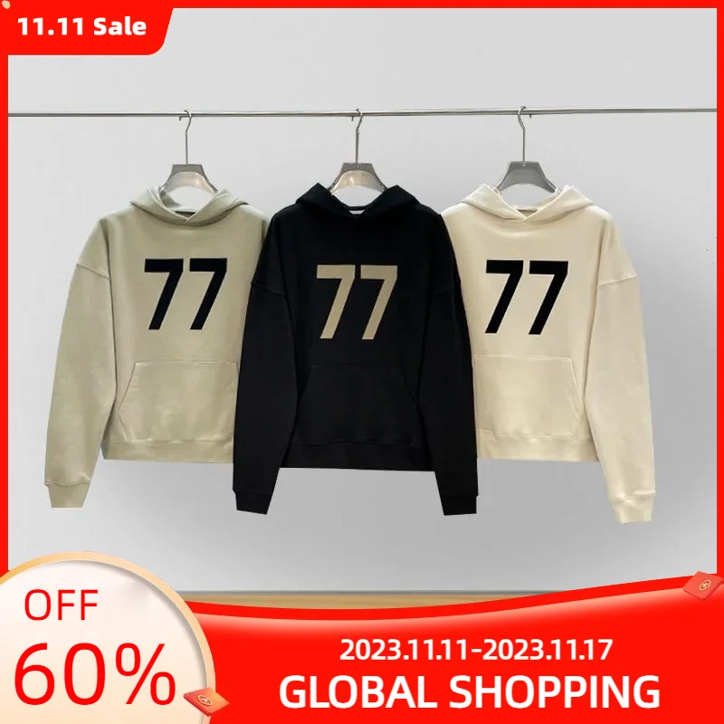 

ESSENTIALS Hoodies Men Sweatshirts New Season 77 Flocking Logo Fleece Oversized Hoodie High Quality Hip Hop Unisex Loose Hoodies