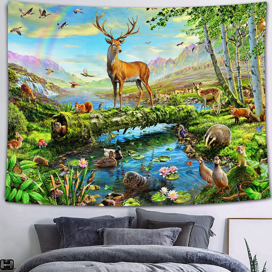 

3d Print Tapestry Forest Tiger Deer Natural Landscape Wall Hanging Fashion Aesthetic Room Decor Tapestry for Home Decorations