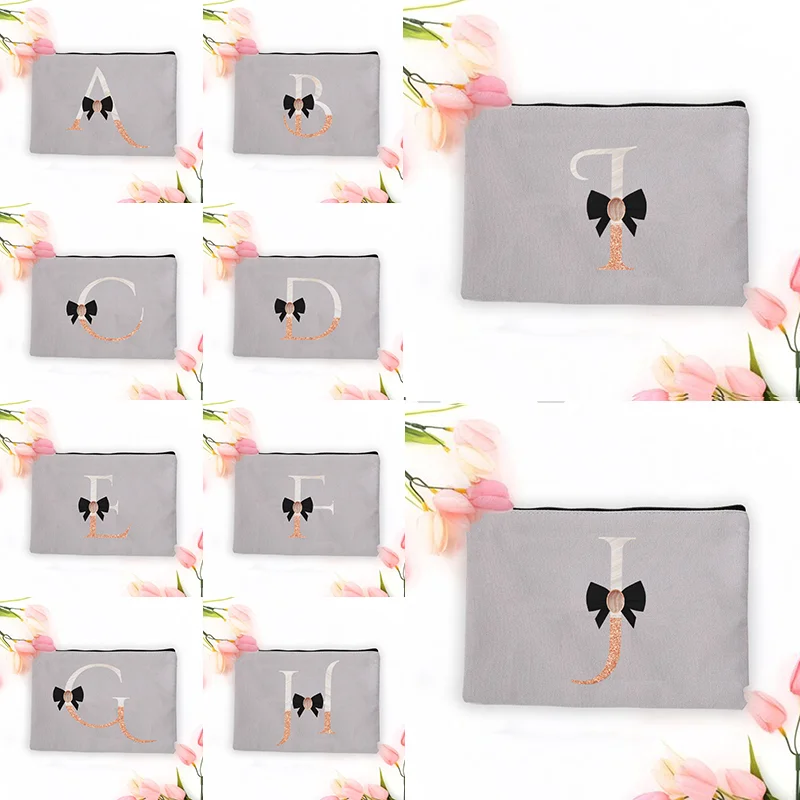 Initial Printed grey Makeup Bag Cartoon bow Graphic Women Storage Bag Travel Mini Cosmetic Bag  travel cosmetic organizer purse
