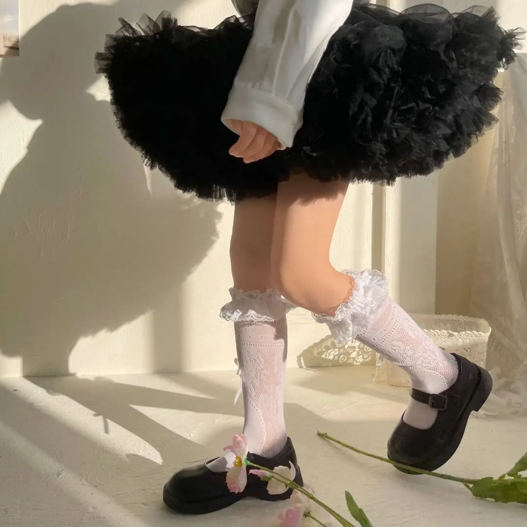 

Girls Sweet Lolita Socks Knee High Hollowed Out Mesh Stockings for girls Lace Bowknot Pearl Ruffled Frilly Trim Stockings 3-12Y