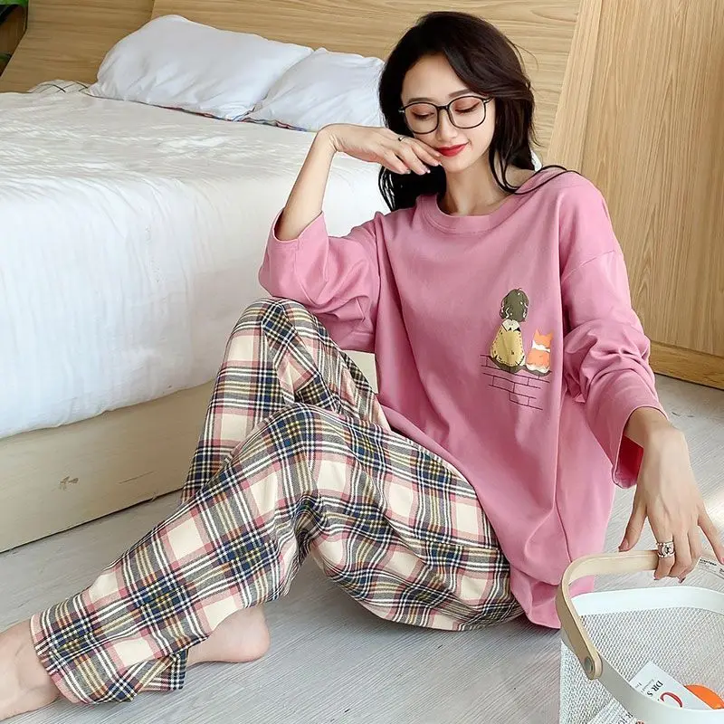 Pajamas Women's Spring and Autumn Cotton Long Sleeves Korean Version Loose Large Size Fat Sister Plus Fat Plus Wearable Suit