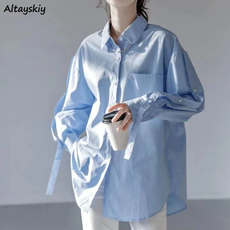 

Shirts Women Solid All-match Ulzzang High Quality Trendy Breathable Elegant Ladies Cozy Streetwear Simple Students Ins Hot Sale