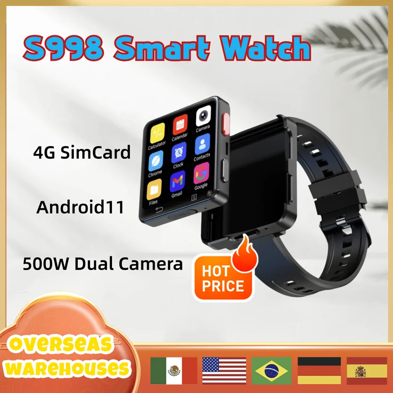 S998 Смарт-часы Android11 4g Simcard 500 Вт Двойная камера 2 64 дюйма Большой экранBluetooth Wi-Fi