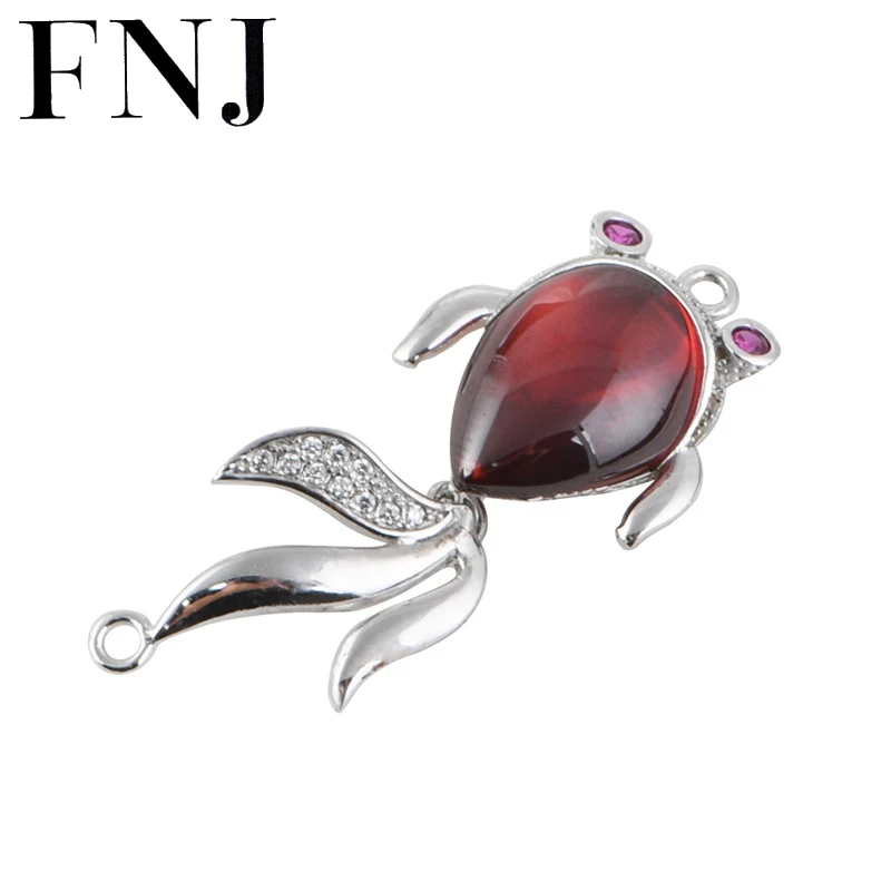 

FNJ 925 Silver Fish Pendant Original Pure S925 Silver Pendants for Jewelry Making Women Red Zircon Animal