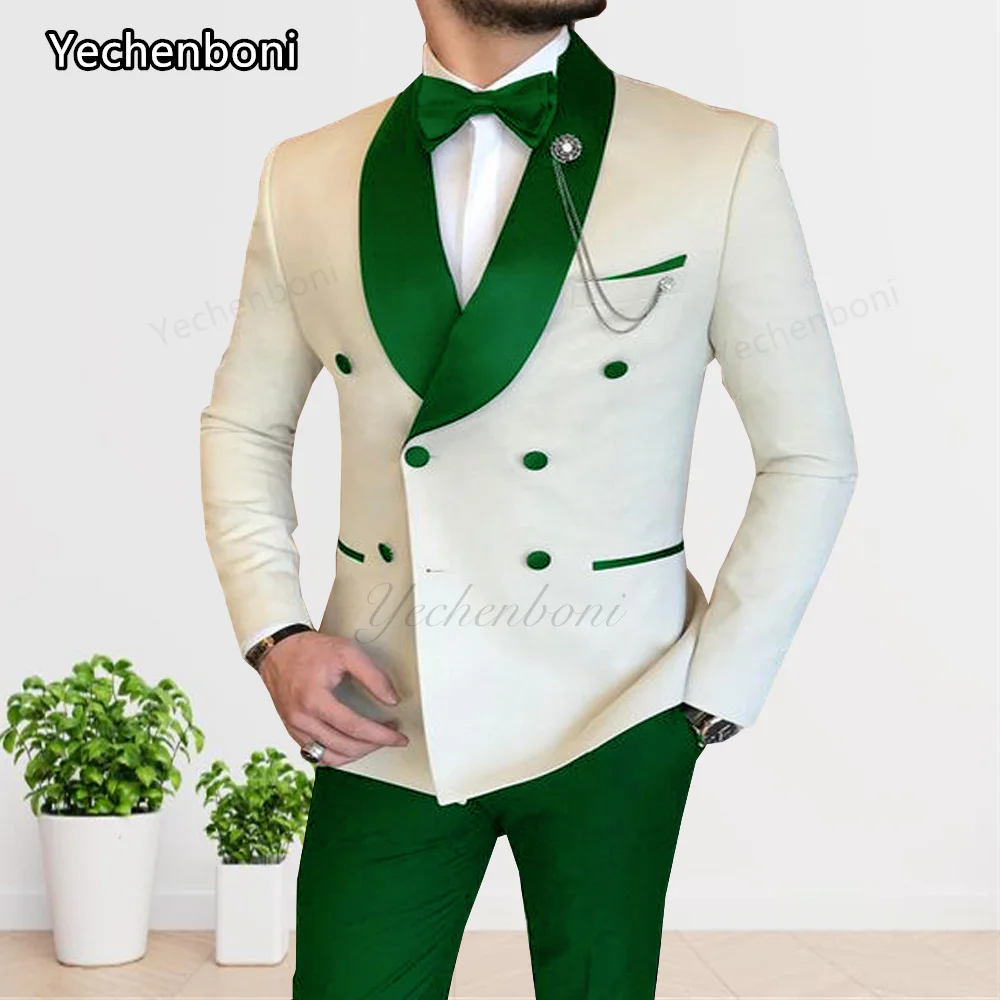 

Yechenboni 2023 Fashion Green Shawl Lapel White Men's Wedding Suit Double-Breasted Men's Suit Groom Party Tuxedo
