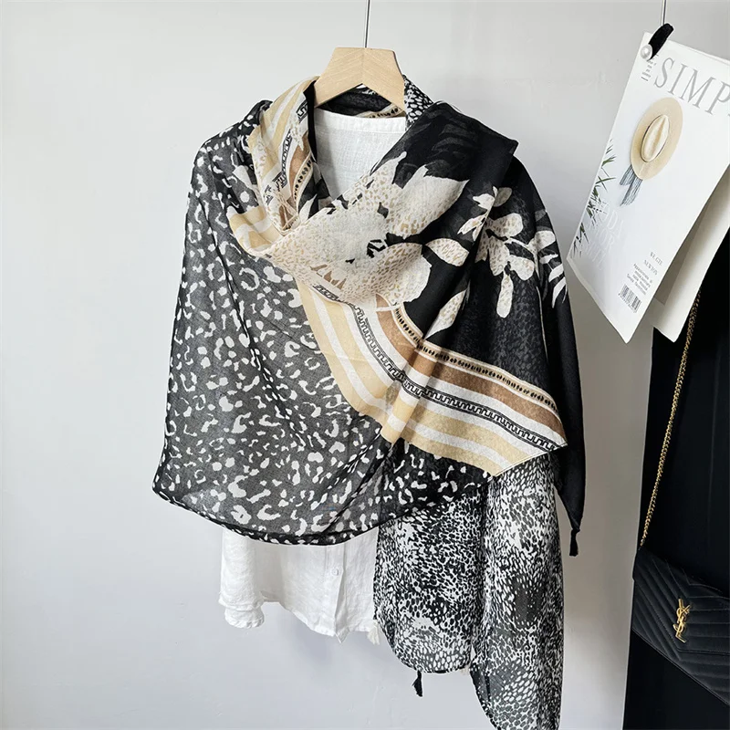 Осень 2024 модная вискозная шаль с кисточками и цветами мака женский шарф