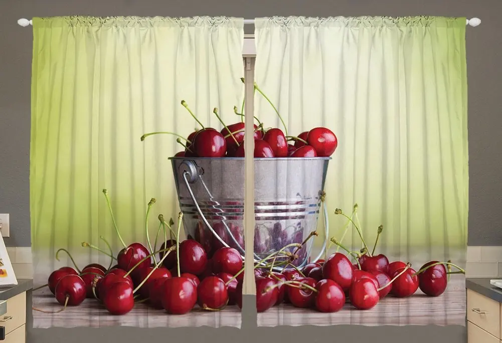 

Blackout Curtains Cherry Bucket Green Gradient Fruit Bowl Illustration Kitchen Cafe Curtains