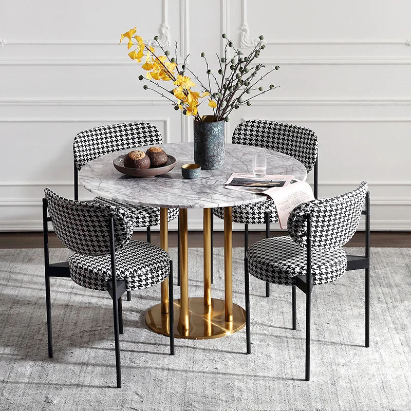

2pcs Nordic Houndstooth Fabric Dining Leisure Soft Chair with Backrest Cafe Chair Design Round Wrought Iron Chair Dining Stool