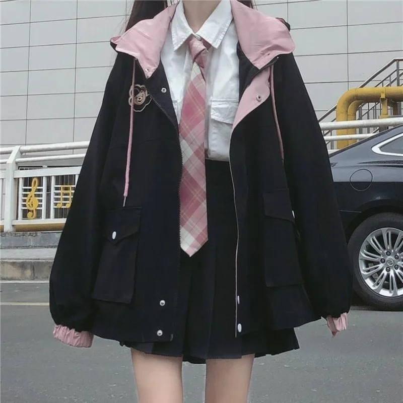 HOUZHOU Japanese Kawaii Zipper Black Jacket Women Harajuku Autumn Oversized Preppy Style Cute School Girls Pink Outwear Korean