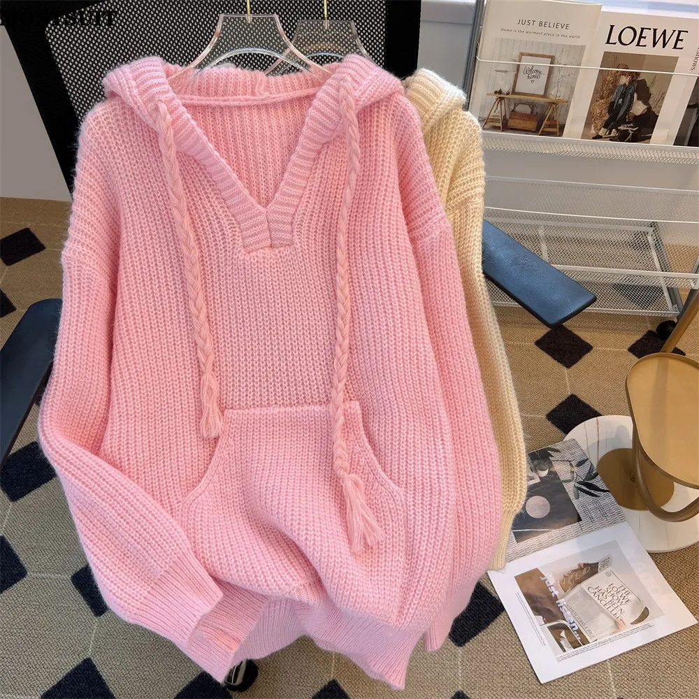 

Pink Hooded Loose Sweater Women Oversized Korean Pullover Tops Autumn Winter Long Sleeve Solid Soft Female Women Jumpers 2022