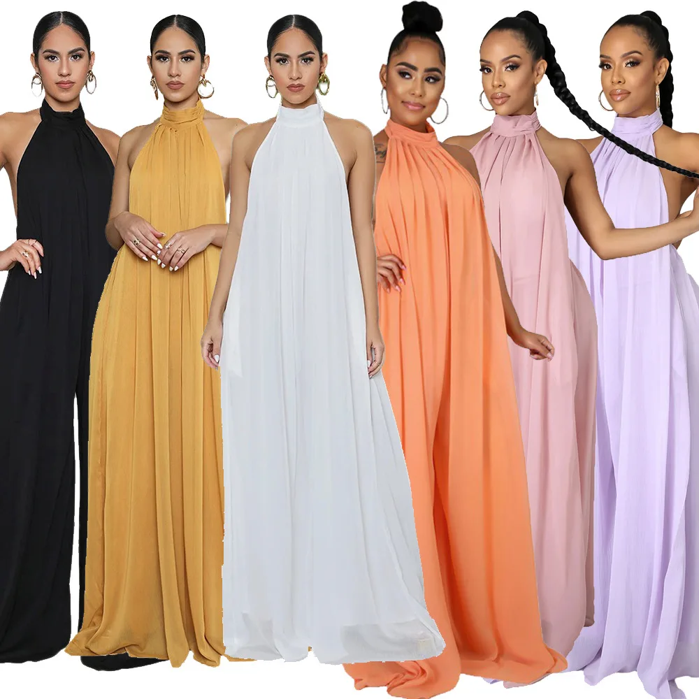 

Wholesale Women 2022 Fashion Backless Casual Elegant Jumpsuit Women Summer Jumpsuit Chiffon Loose Sexy Halterneck Jumpsuit