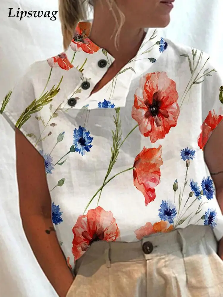 

Vintage Floral Print Short Sleeve Shirt Blouse Women Summer Fashion Irregular Button-up Blouses Office Ladies Elegant Loose Tops