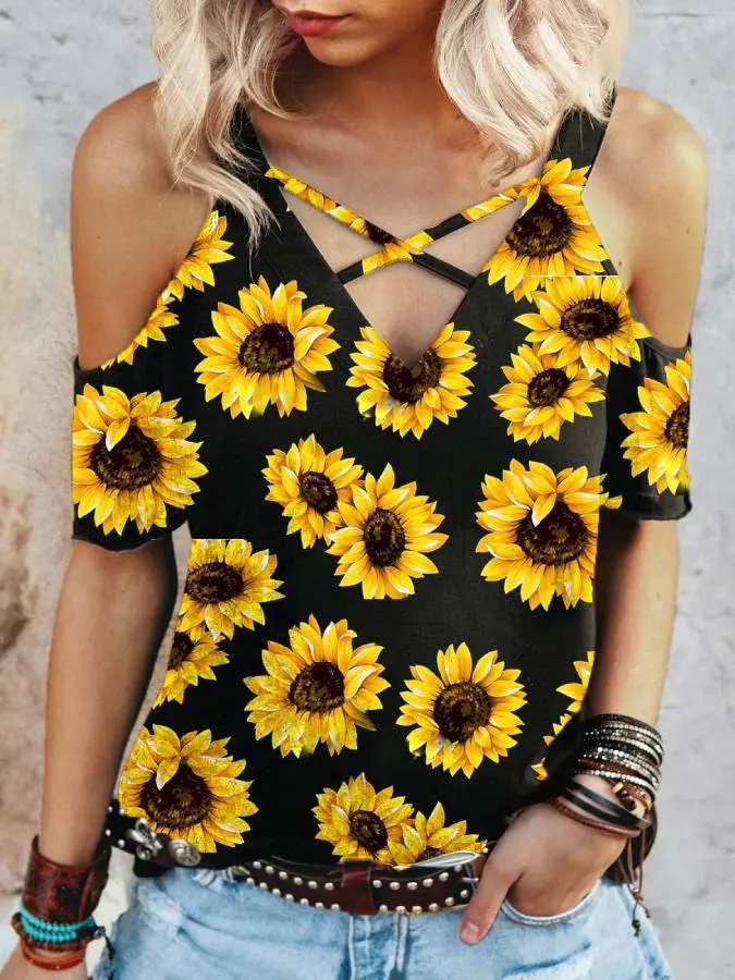 

Flower Print Tops for Ladies Plus Fashion Women's Casual Hollow Out Strapless Short Sleeve Top Summer Tees Streetwear Harajuku