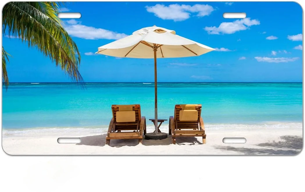 

White Beach In Front of The Turquoise Tropical Sea Novelty License Plate Vacation Car Decorative Front Plate 6X12 Inch for Women