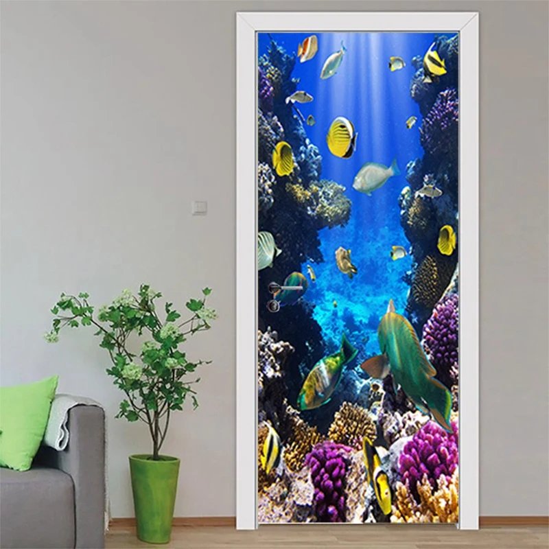 

3D Underwater World Door Sticker Self Adhesive Wall Sticker DIY Renovation Waterproof Poster for Kids Bedroom Door