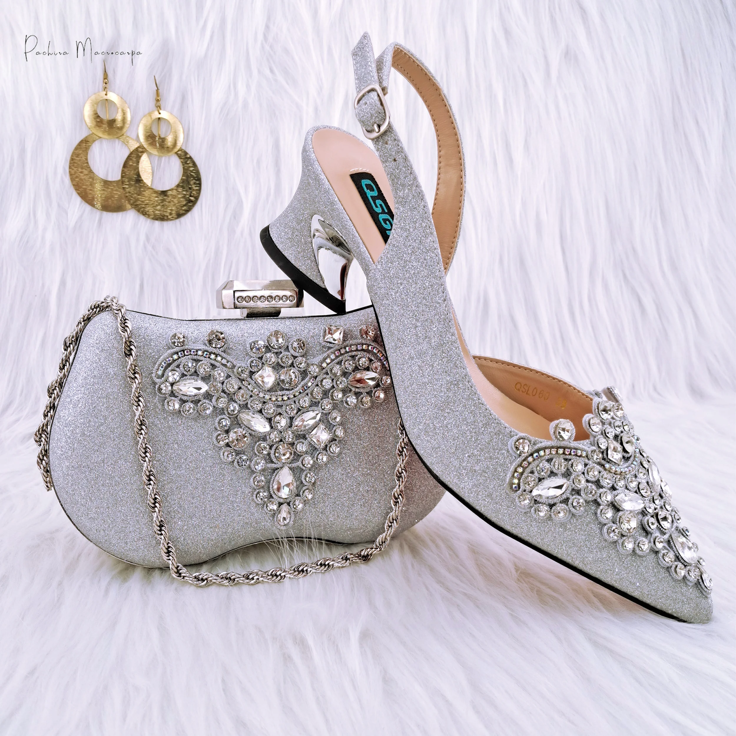 2022 New Fashion Bright Silver Glitter Fabric With Color Rhinestone Decoration Comfortable To Wear Party Ladies Shoes And Bag