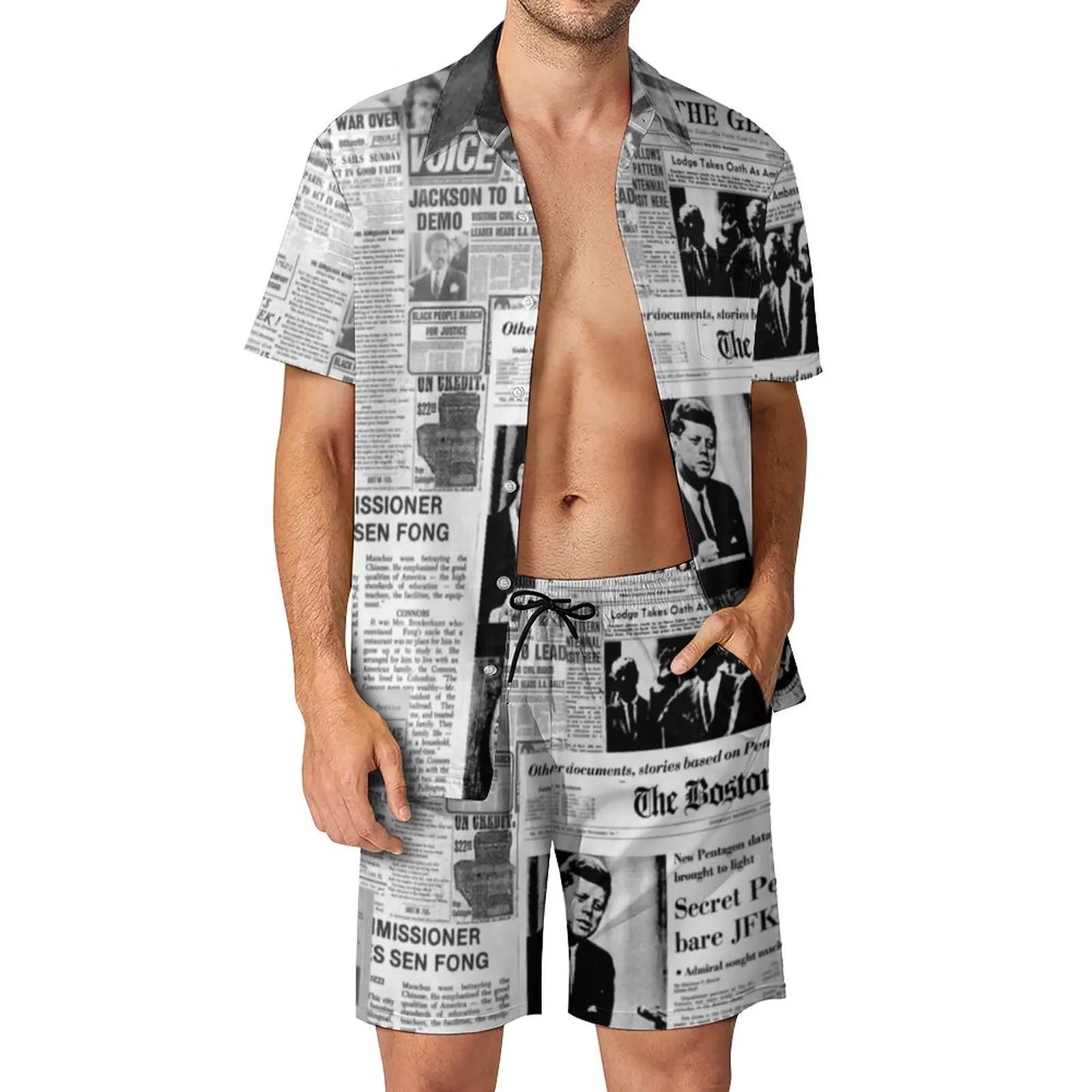 

Newspaper Collage Men Sets Old American Newspapers Trendy Casual Shirt Set Custom Shorts Summer Two-piece Beach Oversize Suit