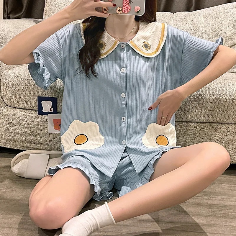 

Summer New Palace Style Cotton Simple Suit Women Short Sleeve Soft Comfortable Loungewear Nightclothes Leisure Loose Pajamas Set