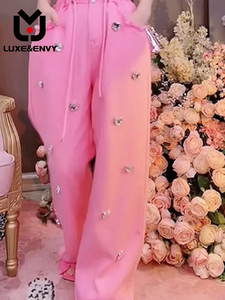 

Роскошные и завитые розовые повседневные брюки для детей, новый тяжелый дизайн, высокая талия, тонкие и свободные, универсальные, осень 2023