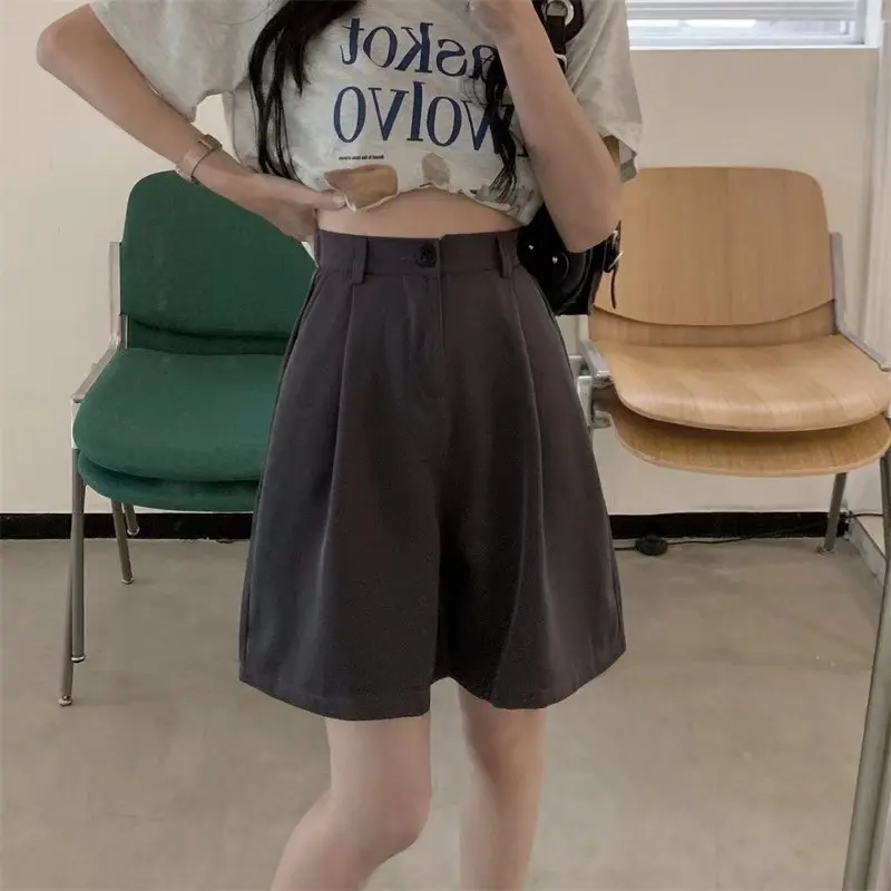 High Waisted Wide Leg Suits Shorts Womens Summer Office Lady Casual Loose Shorts for Women Solid Black Knee Length Baggy Shorts