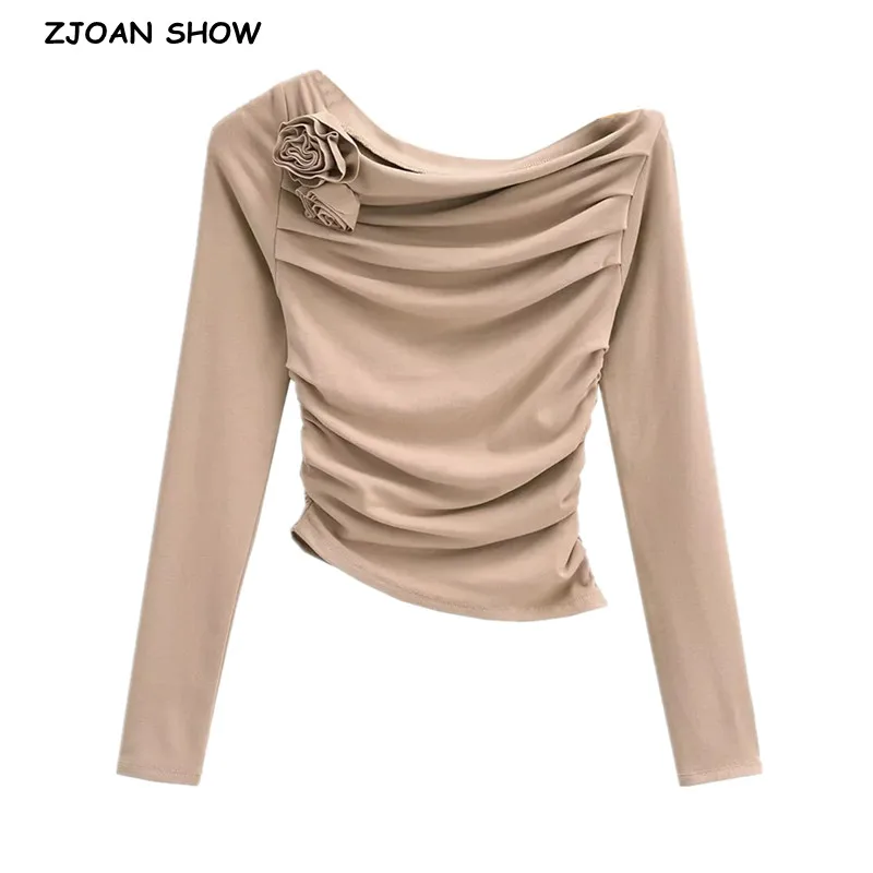 

2023 Sexy 3D Flower Ruched Slash Off Shoulder Full Sleeve T Shirt Women Pleated Slim T-shirt Asymmetric Tee Tank Tops