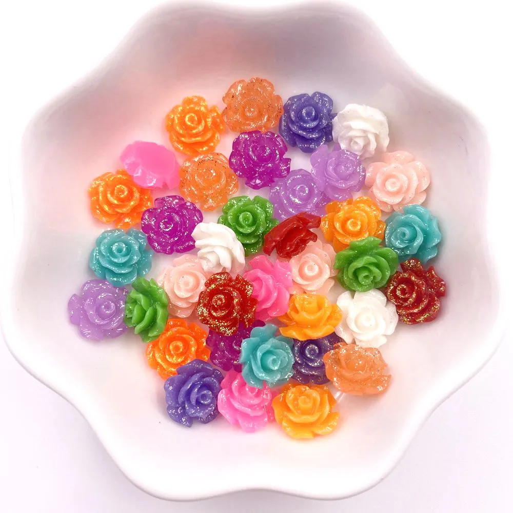 

Resin Glitter Bepowder 10mm 14mm Colorful 3D Rose Flower Flatback Stone Scrapbook Home DIY Figurines Ornaments Applique Crafts