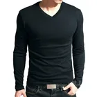 Мужская стрейчевая футболка с длинным рукавом, футболка из лайкры и хлопка с V-образным вырезом, брендовая одежда, мужская футболка 2021, Спортивная футболка