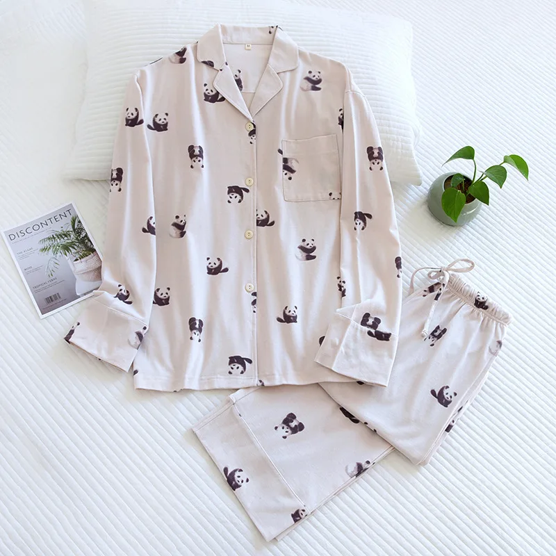 Panda Patterns 100% Cotton Knitted Women's Pajamas Set Home Wear Pajamas For Girls Sleepwear Loungewear Winter Pijama Pyjamas