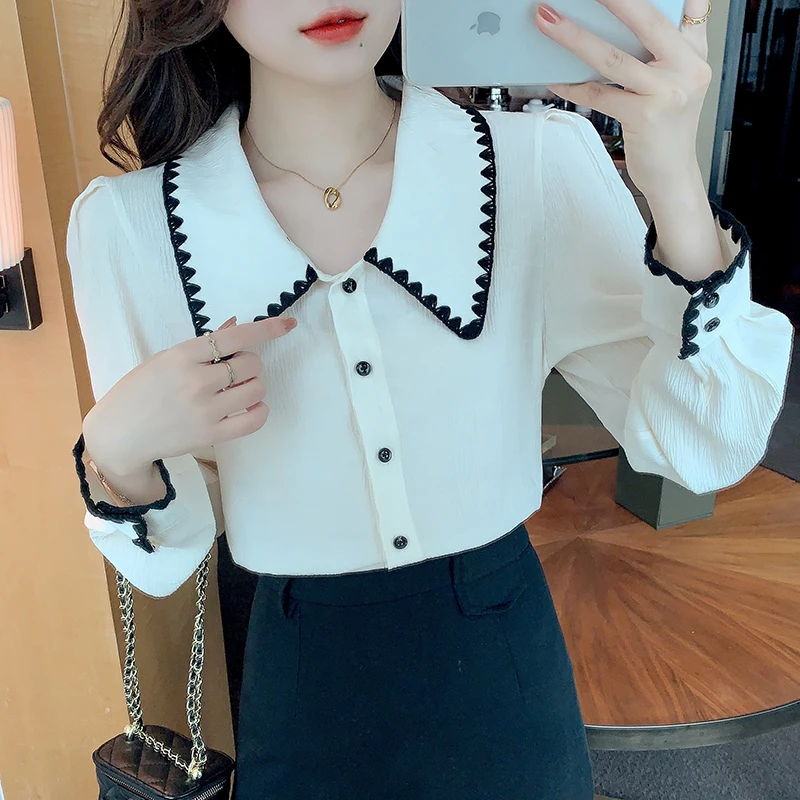 

Женская плиссированная рубашка Pater, белая рубашка с длинным рукавом и воротником-куклой, рубашка для снижения возраста, Прямая поставка