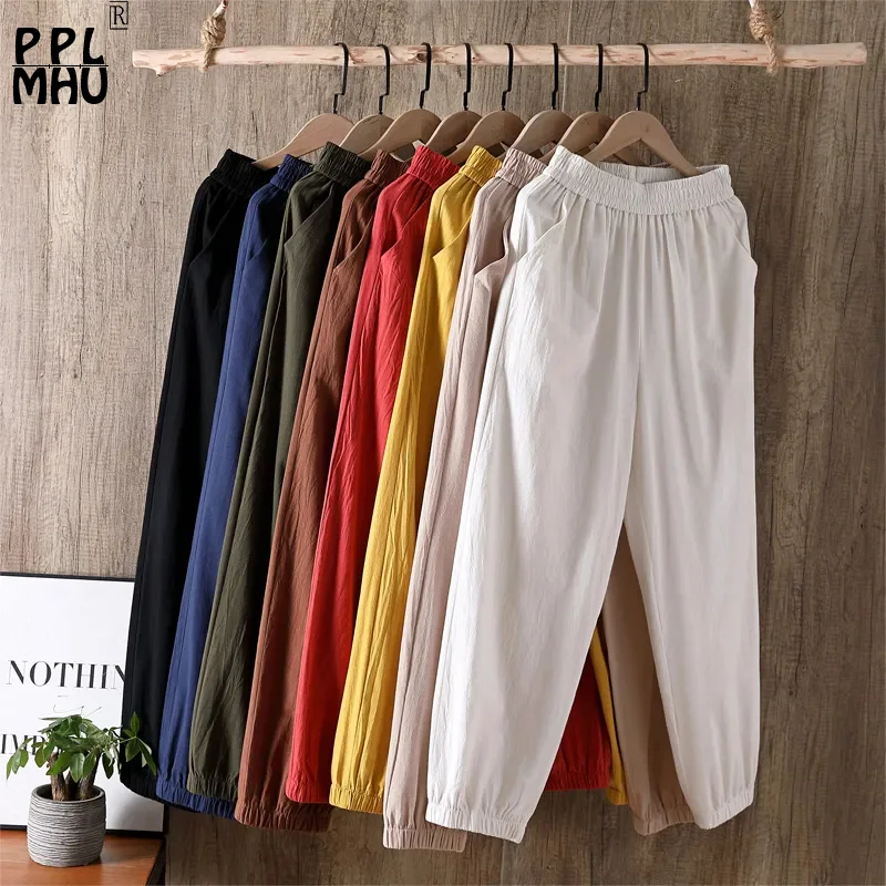 

Candy Colors Banded Harem Pants Women Casual Elastic Waist Cotton Linen Bloomers Plus Size Baggy Pantalones Mujer Cintura Alta