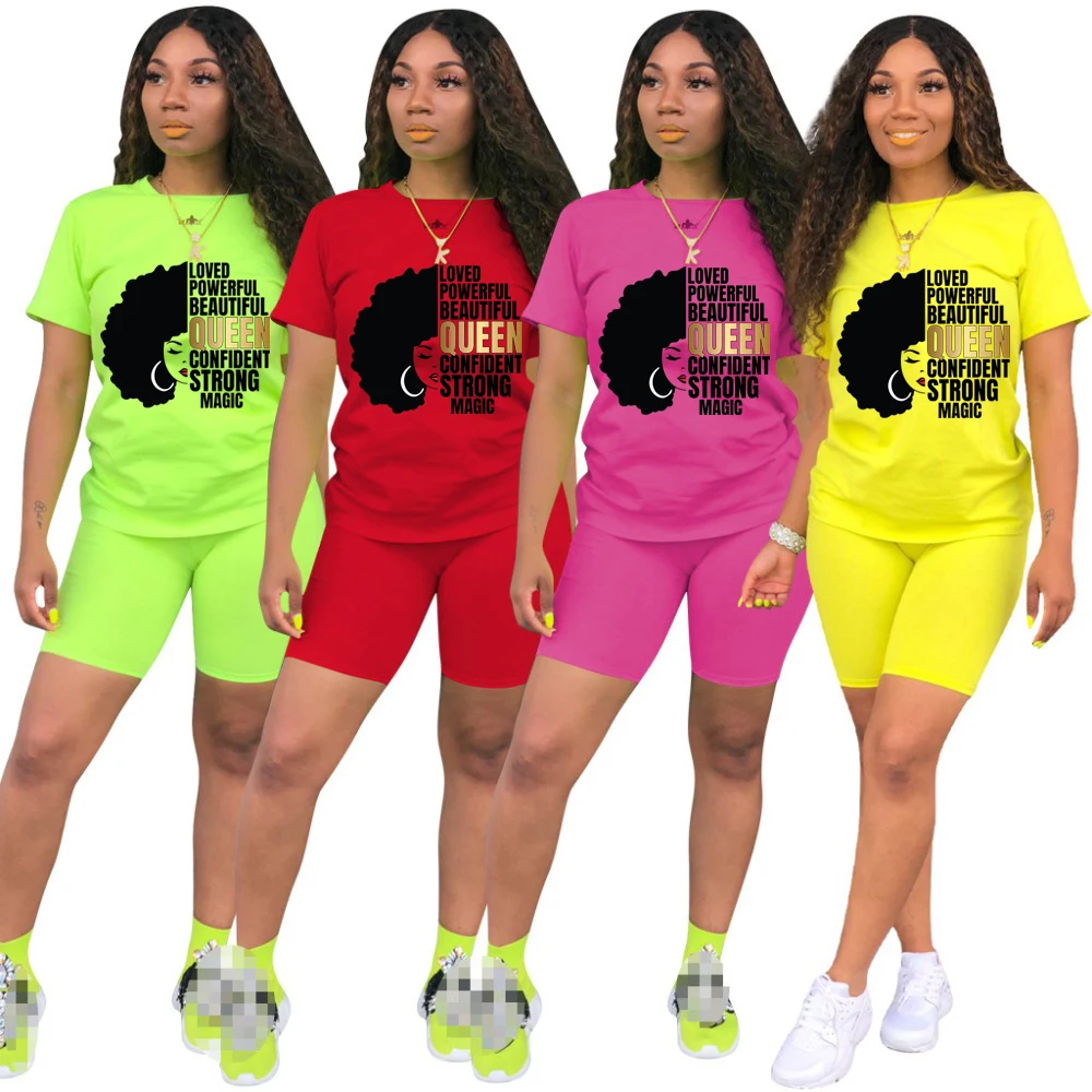 

Women Summer Two Piece Set Afro Girl Printed T-Shirt African American Printed T-Shirt Shorts Legging Pants Women Short Sets