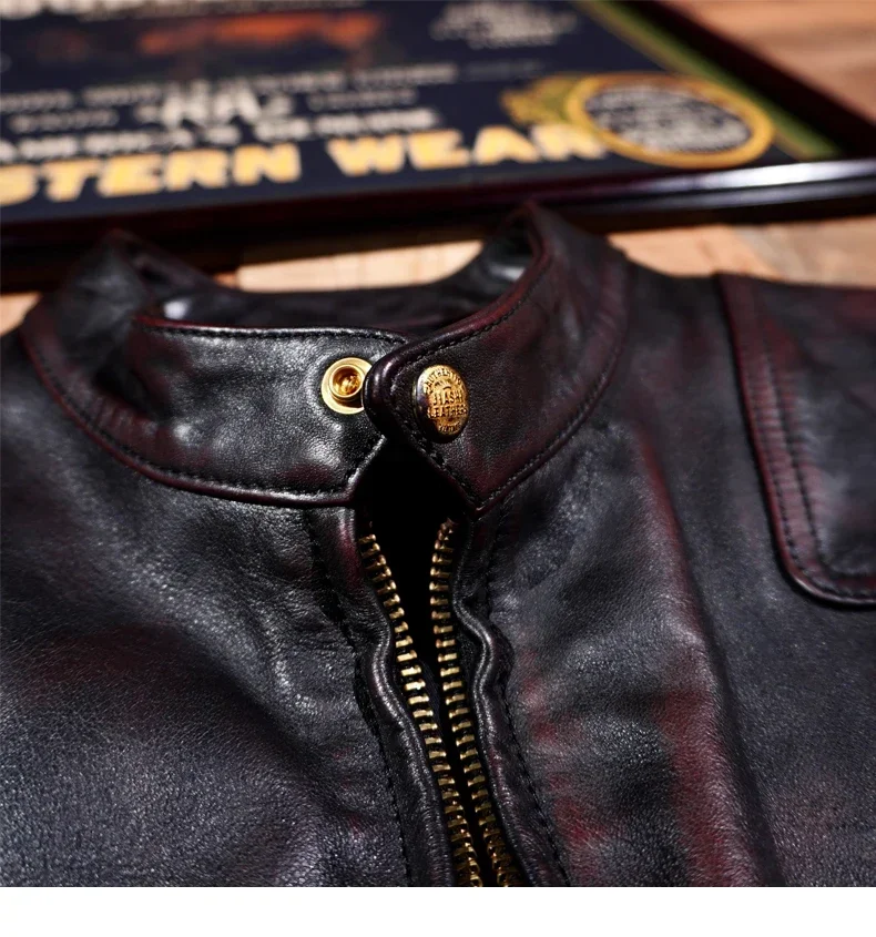 Blunt Razor Men's Biker Jacket Tea Core Horse Leather Washed Aged Stand Collar Tom Hardy Classic Venom Vintage