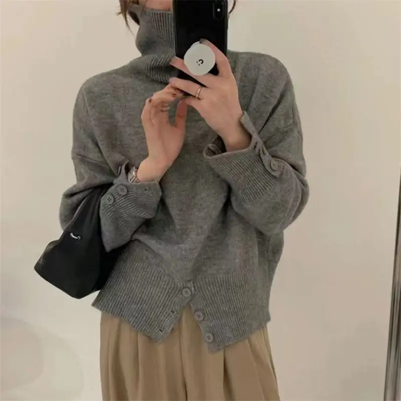 

Модный винтажный вязаный свитер с воротником-хомутом, Женская корейская мода, большие размеры, базовый Однотонный женский элегантный топ XC054