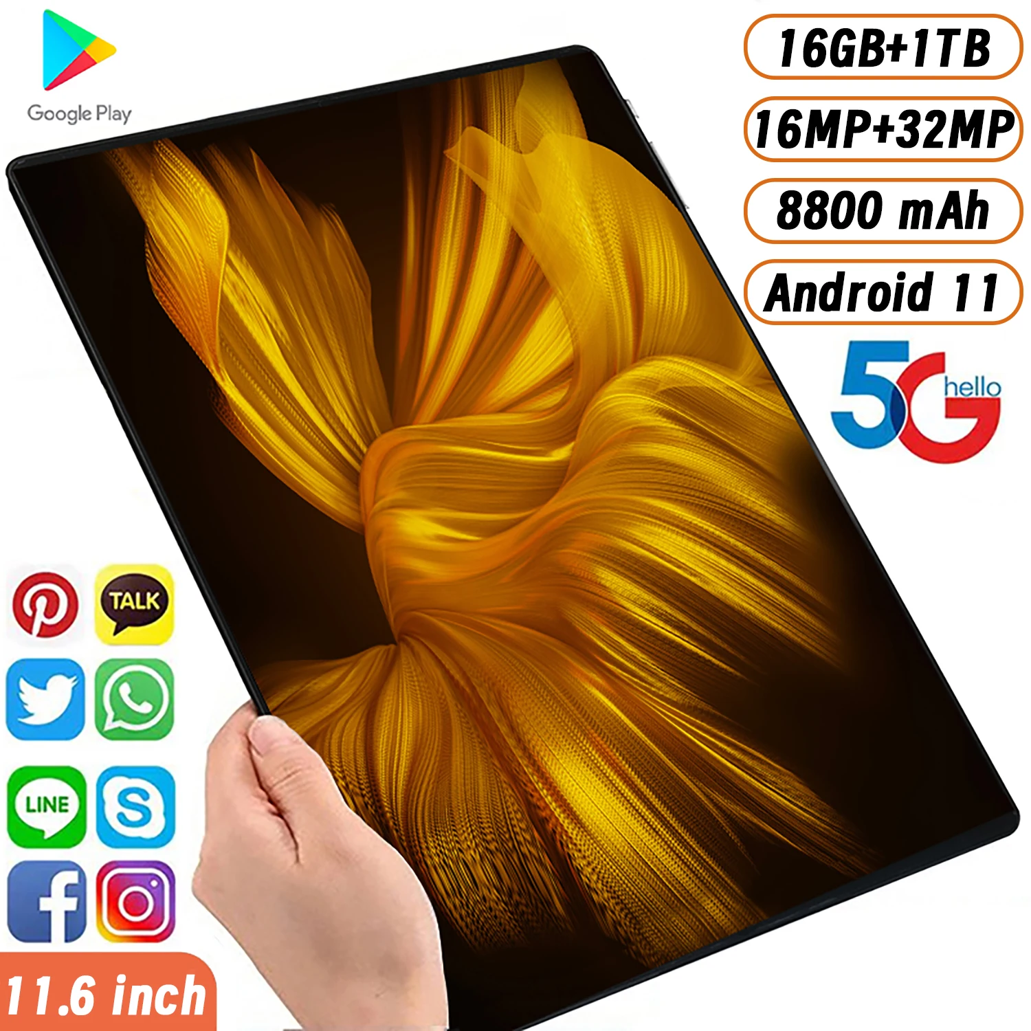 Nuova Versione Globale 5G Tavolo Android Da 11.6 Pollici 16Gb Ram 1Tb Rom Android 11 Mtk6797 8800Mah Rete Bluetooth Wifi Dual Sim Card