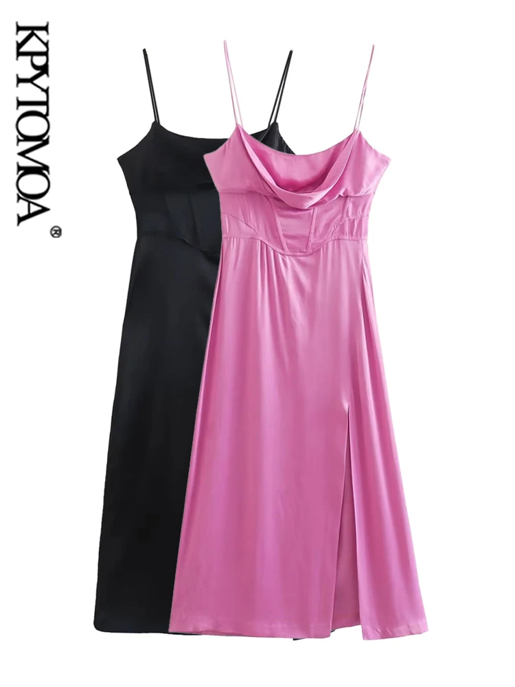

Платье KPYTOMOA женское атласное средней длины с разрезом спереди, модное винтажное на тонких бретелях с открытой спиной, на молнии