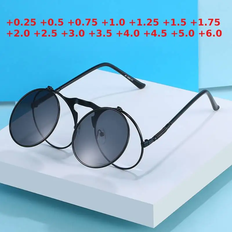 Gafas de sol con espejo redondo Steampunk para hombre y mujer, lentes de lectura con marco de Metal, de diseñador de marca, círculo, + 0,5 a + 6,0