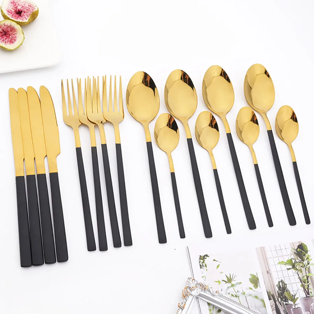 

Набор черных столовых приборов Drmfiy, комплект из 16 предметов золотистого цвета, из нержавеющей стали, для кухни, дома, в западном стиле, ножи, ...