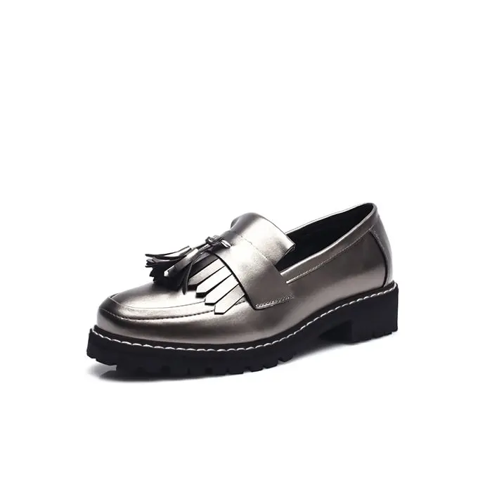 

2023 New Flat Shoes Women Handmade, customize big size 44 Dark Silver Square Toe Fringe and Tassel Loafers for Women