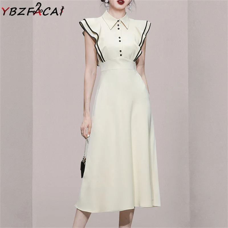 YBZFACAI 2022 Summer Lotu Leaf Sleeve High Waist Large Swing Long Dress Female Korean Patchwork Chic Elegant Banquet Party Dress