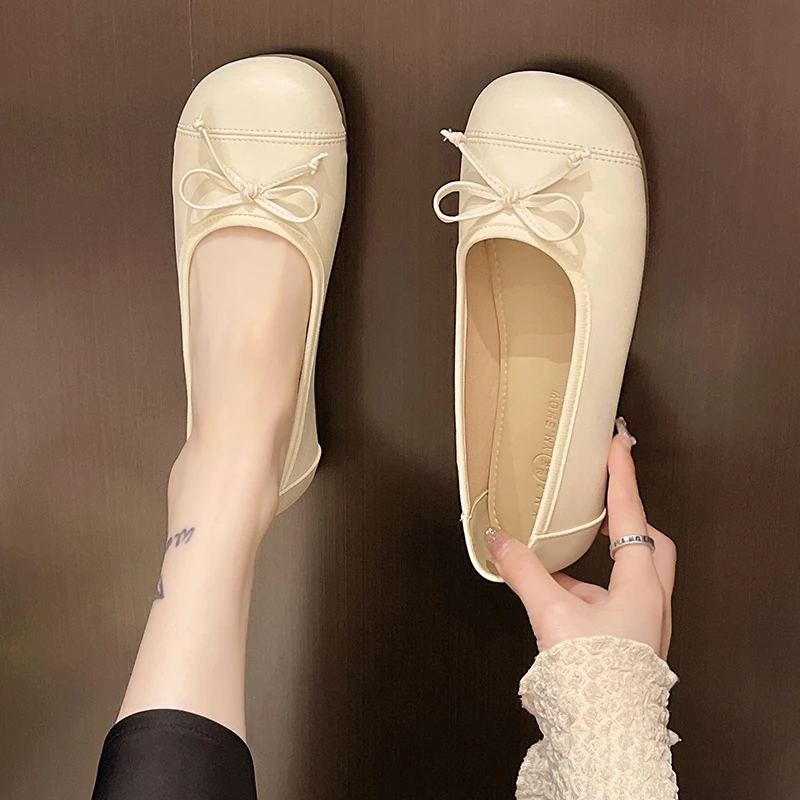 Туфли женские повседневные плоская подошва круглый носок бант бабушка удобная