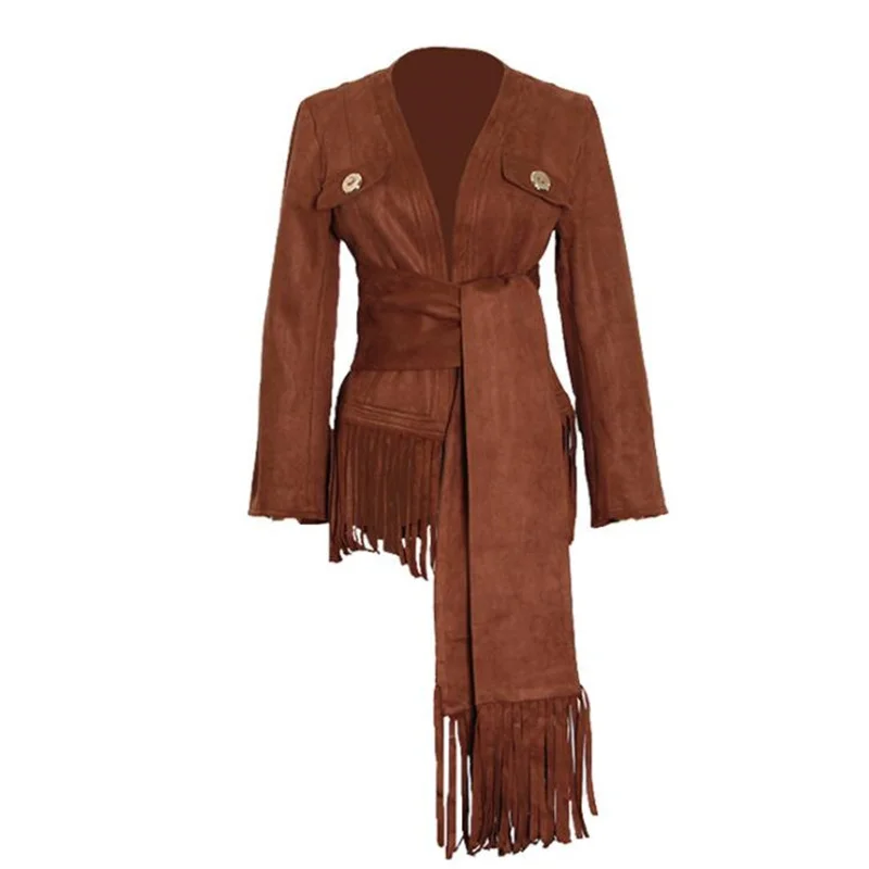 Spring womens jackets new style hem tassel design with belt imitation deer suede leather multiple ways to wear women's clothes