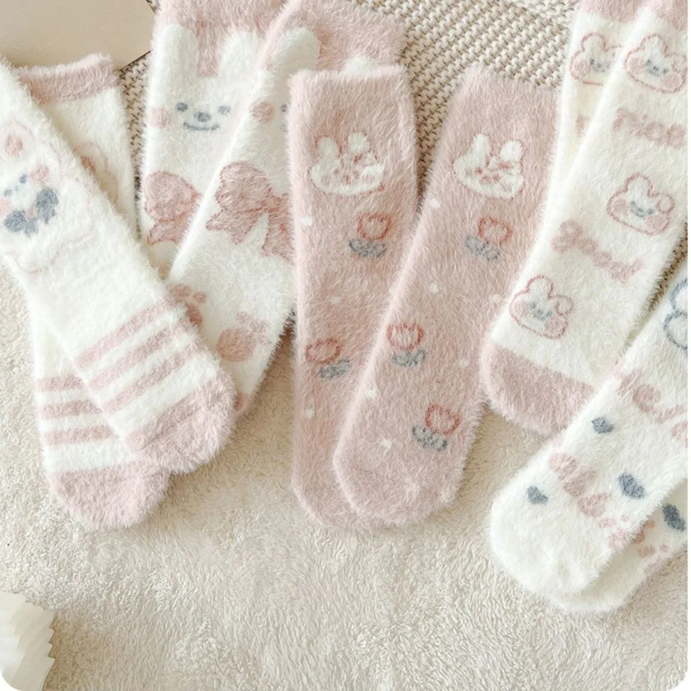 2pairs Sweet Home Sleeping Socks Cartoon Imitation Mink Rabbits Bowknot Floor Sleep Socks Ins Japanese Warm Tube Socks Winter