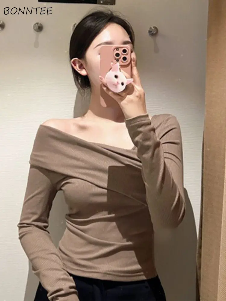 

Cropped T-shirts Women Slim Elegant Asymmetrical Designed Chic Long-sleeve Office Lady Temperament Spring Popular Korean Stylish