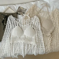 oumea spring and summer women knitted personality hollow out loose thin v neck long sleeve knitting back sexy camisole two sets