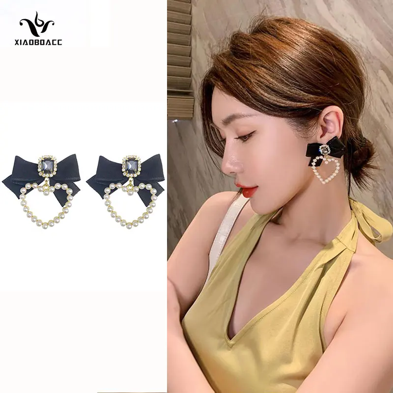 

XiaoboACC 925 Silver Needle Black Retro Lace Bowknot Earrings for Women Fashion Pearl Drop Earring Jewelry Accessories