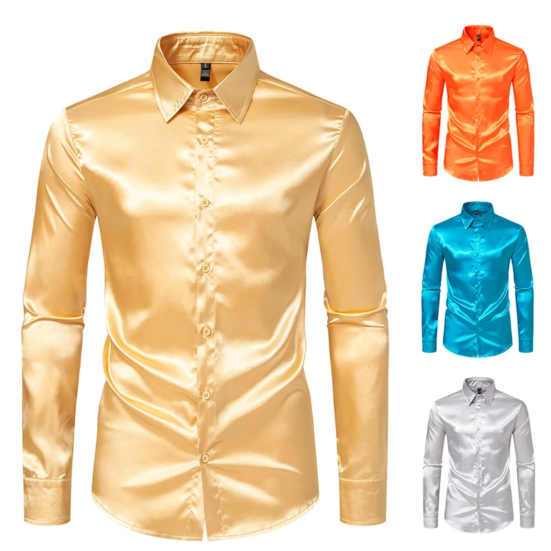 

Silk Satin Luxury Dress Shirt Men 2023 Brand New Slim Long Sleeve Tuxedo Shirt Male Wedding Club Party Dance Prom