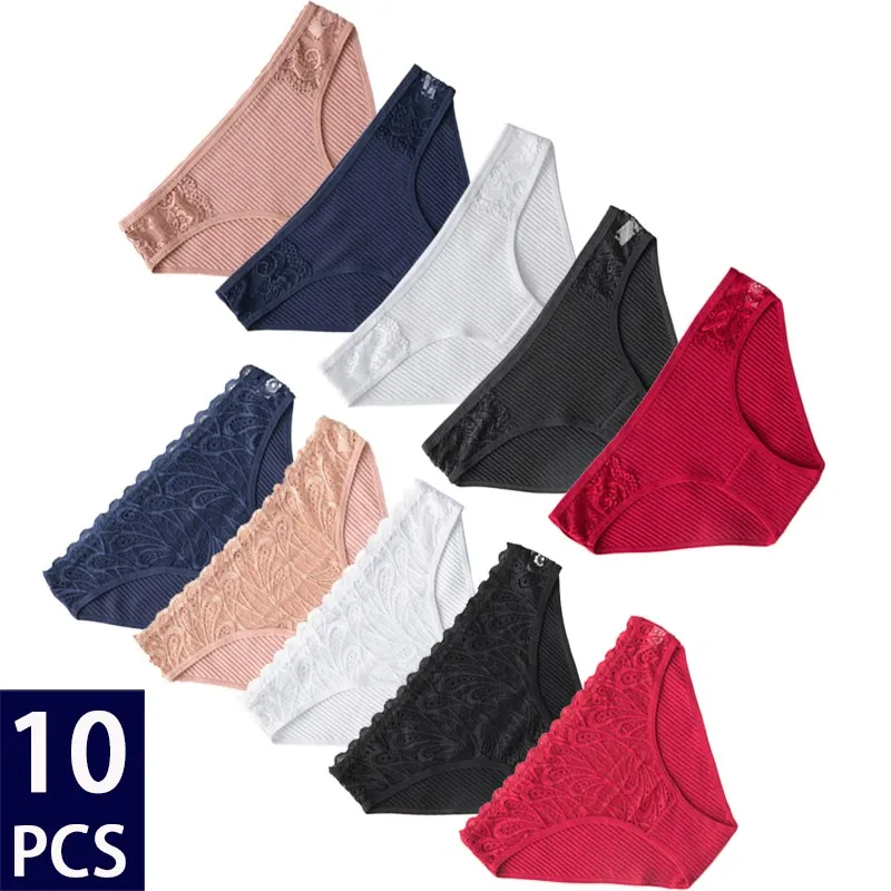  10Pcs/set Cotton Panties Women Sexy Floral Lace Panty Underwear Lingerie Solid Color Female Underpants Intimates Lady 2021 New 