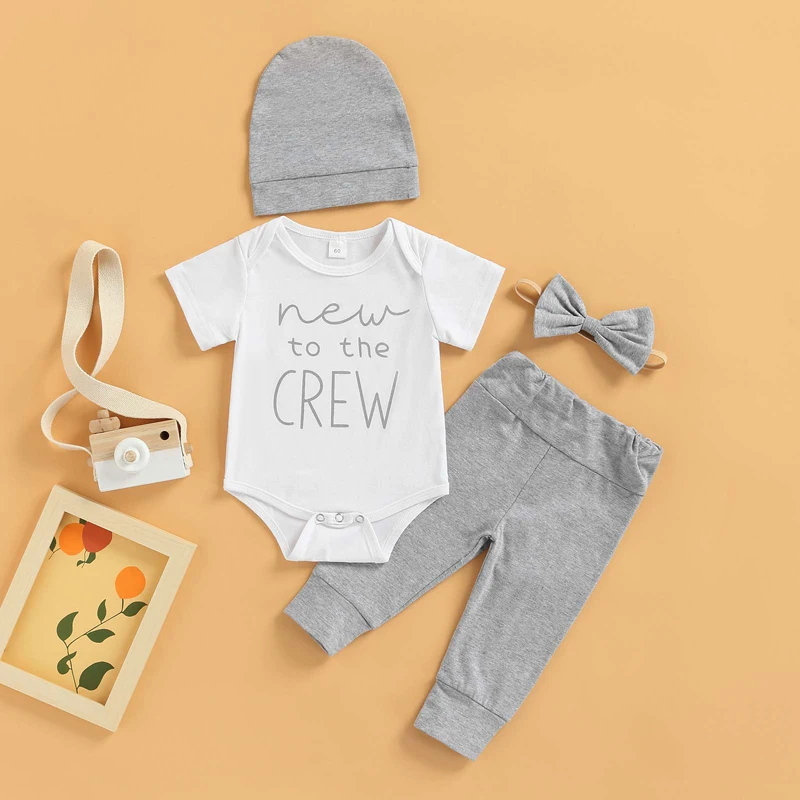 

Baby Boys Girls Clothes Summer 4pcs Letter Short Sleeve Round Neck Romper High Waist Trousers Headband Hat Casual Outfit