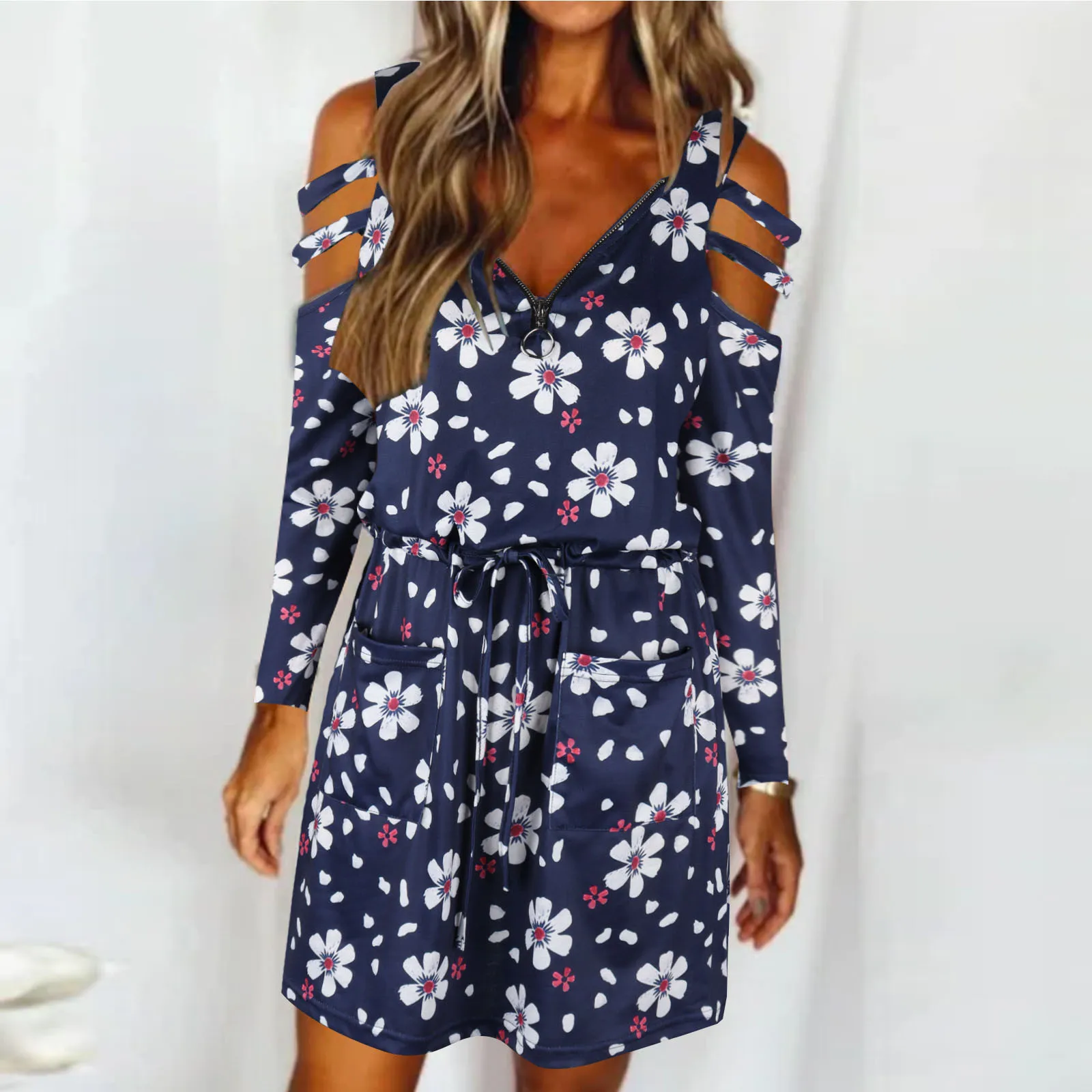 

Women's Sexy V Neck Long Sleeves Print Waist Puffy Short Dresses for Women High Low Maxi Dresses for Women Tie Shirt Dress Women