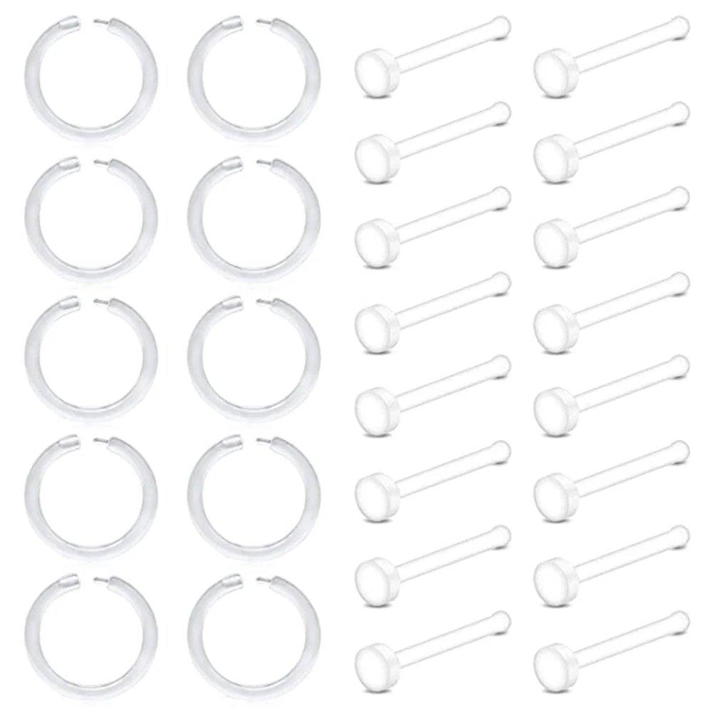 

24pcs Clear Flexible Nose Rings Retainers Hoop Piercing Replacement for Pregnancy Sports Plastic Nostril Piercing Retainer